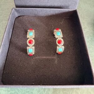 Sterling Silver Turquoise & Red Coral Hoop Earrings | Thai Silver | 925